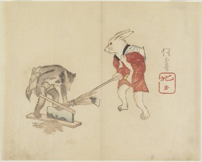 Rabbit and Raccoon Chopping Straw, c. 1830 by Hogyoku